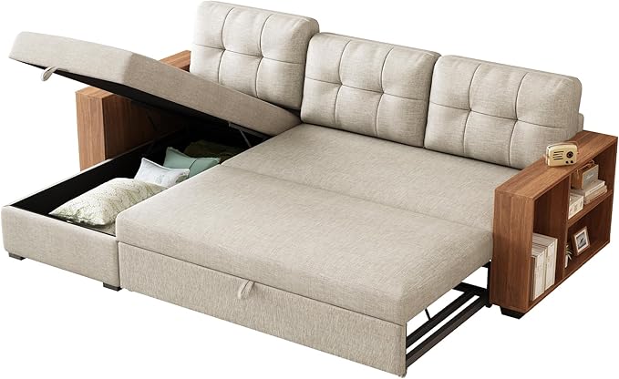L Shaped Pull Out Couch with Storage Chaise and 2 Side Cabinet Armrests,Convertible Sectional Sleeper Sofa Bed W/ 3 Removable Back Cushions for Living Room,Office,Beige,84" - LeafyLoom