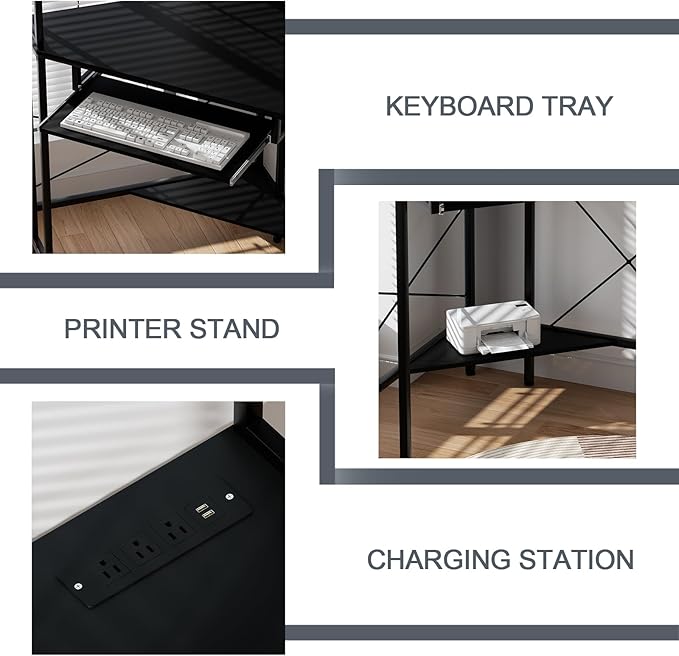 Corner Desk with Hutch and LED Lights, Corner Computer Desk with Keyboard Tray and Monitor Stand, Small Computer Desk for Small Spaces, Home Office - LeafyLoom