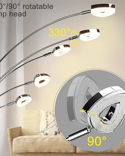 DINGLILIGHTING DLLT 5 Head Arc Floor Lamps for Living Room, Spider Lamps with 5 Adjustable Arms, Modern Tree Standing Lamp for Bedroom, Office, 3 Brightness Level, Warm White, Sliver - LeafyLoom