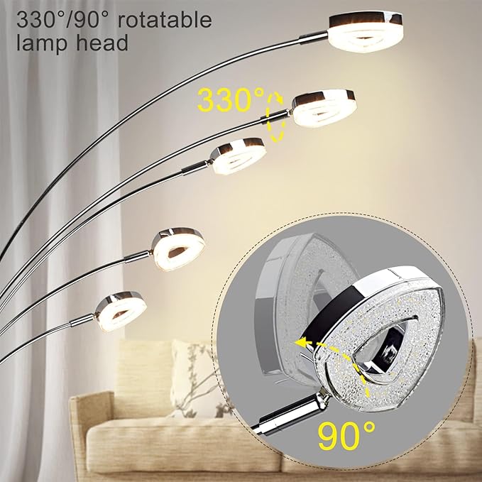 DINGLILIGHTING DLLT 5 Head Arc Floor Lamps for Living Room, Spider Lamps with 5 Adjustable Arms, Modern Tree Standing Lamp for Bedroom, Office, 3 Brightness Level, Warm White, Sliver - LeafyLoom