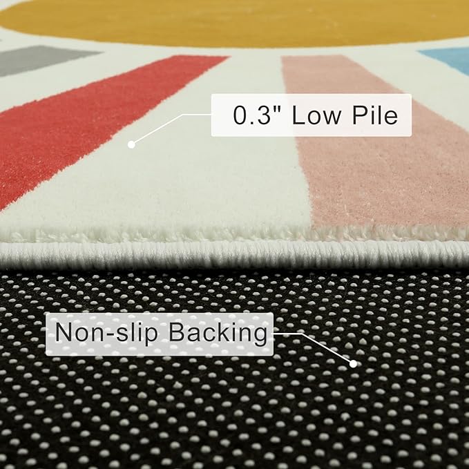 Rainbow Machine Washable Rug for Playroom Kids Room, 4'x 4'7" Boho Sun Kids Rug for Girls Boys, Non-Slip Sunshine Carpet Small Play Rug for Classroom Reading Corner Dorm - LeafyLoom