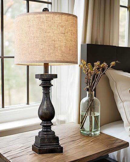 BOBOMOMO 27" Farmhouse Table Lamp Set of 2 with USB A+C for Bedroom Living Room Vintage Rustic Traditional Nightstand Bedside Lamps Retro Side Table Lamps (Black) - LeafyLoom