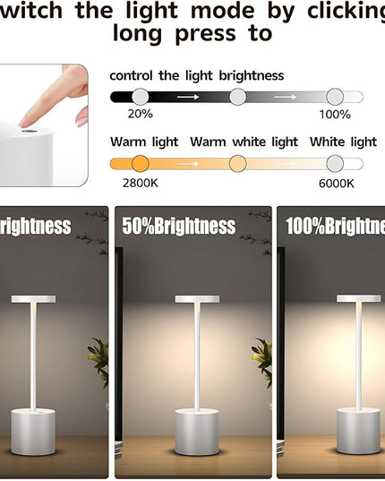 2Pack Cordless Table Lamp, Rechargeable LED Battery 5000mAh Metal USB Portable Powered Desk Lamp, 3 Levels Brightness Light for Restaurants Outdoor (2 pack 10.25in White) - LeafyLoom