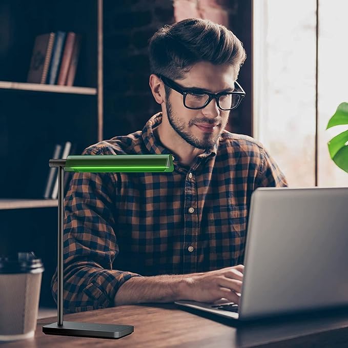 Modern LED Banker Lamp, Vintage Green Lampshade LED Desk Lamp,Office Home Decor Desk Light, with Touch Switch and Wireless Charging Function, for Study, Library, Bedroom - LeafyLoom