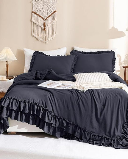 Shabby Comforter Set Queen,Farmhouse Rustic Microfiber Bedding Ruffled Comforter Set,Vintage Dark Gray Ruffle Comforter for Queen Bed Fluffy Aesthetic Grey Bedding 3 Pieces - LeafyLoom
