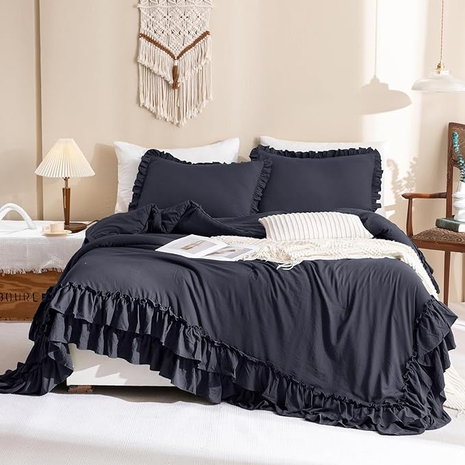 Shabby Comforter Set Queen,Farmhouse Rustic Microfiber Bedding Ruffled Comforter Set,Vintage Dark Gray Ruffle Comforter for Queen Bed Fluffy Aesthetic Grey Bedding 3 Pieces - LeafyLoom