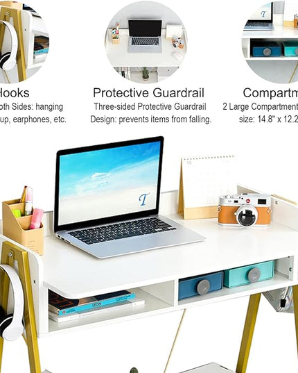 TEAMIX Small White Desk with Drawer and Shelf, Wood Computer Desk for Laptop PC, Gaming Desk with Hooks Vanity Makeup Desk for Girls Home Office Desk - LeafyLoom