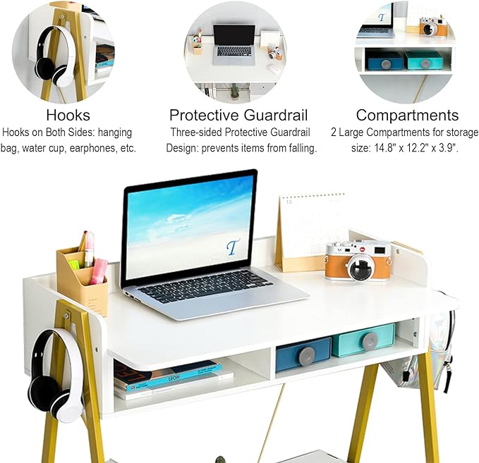 TEAMIX Small White Desk with Drawer and Shelf, Wood Computer Desk for Laptop PC, Gaming Desk with Hooks Vanity Makeup Desk for Girls Home Office Desk - LeafyLoom