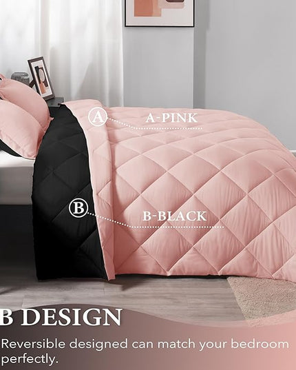 downluxe Queen Comforter Set - Pink and Black Queen Comforter, Soft Bedding Sets for All Seasons -3 Pieces - 1 Comforter (88"x92") and 2 Pillow Shams(20"x26") - LeafyLoom