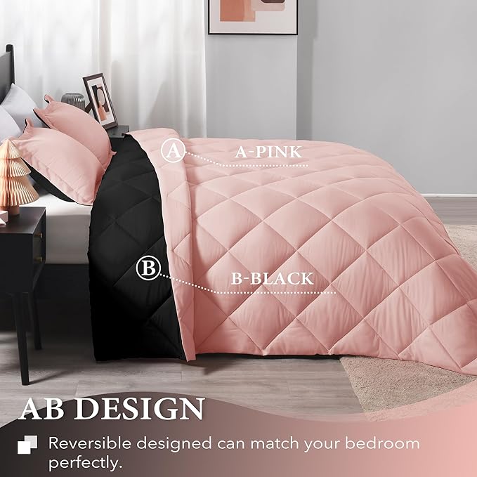 downluxe Queen Comforter Set - Pink and Black Queen Comforter, Soft Bedding Sets for All Seasons -3 Pieces - 1 Comforter (88"x92") and 2 Pillow Shams(20"x26") - LeafyLoom