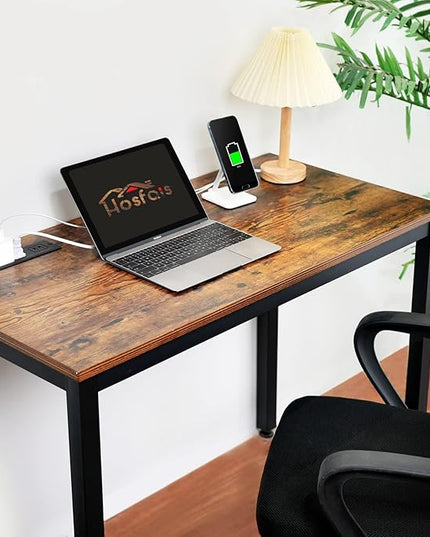 Computer Desk 40" with Power Strip, Office Writing Study, Small Computer Desks Easy Assembly Stable Metal Frame, Desk for Home Office Small Space Workbench Workstation, Rustic Brown - LeafyLoom