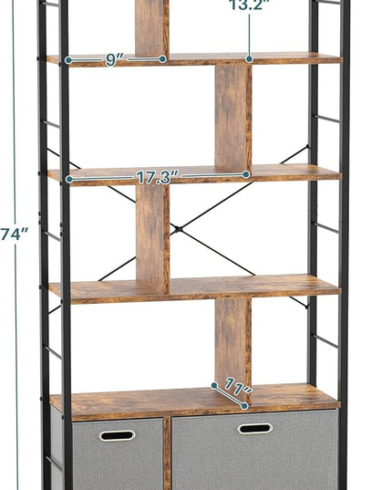 74 Inch Tall Bookshelf, 6 Tier Bookcase with Drawers, Modern Book Shelf Display Standing Shelf Units with Storage, Wood and Metal Bookshelves for Living Room, Bedroom, Home Office, Rustic Brown - LeafyLoom