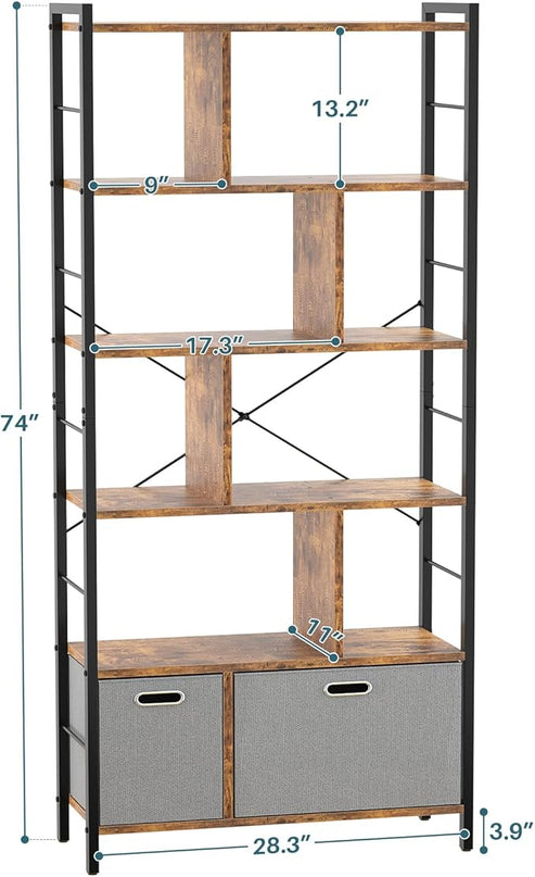 74 Inch Tall Bookshelf, 6 Tier Bookcase with Drawers, Modern Book Shelf Display Standing Shelf Units with Storage, Wood and Metal Bookshelves for Living Room, Bedroom, Home Office, Rustic Brown - LeafyLoom