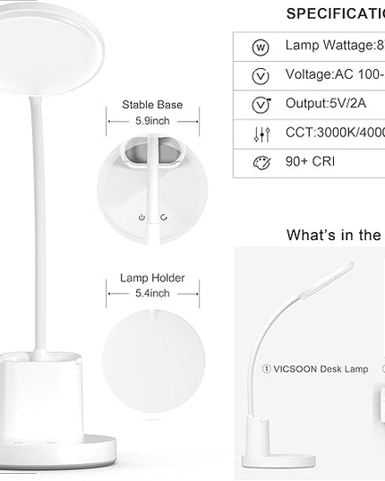 Desk Lamp, LED Desk Lamp for Home Office, Touch Table Lamp with 3 Color Modes 360° Adjustable Arm, Dimmable Desk Light with Pen Phone Holder, White - LeafyLoom