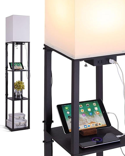 Floor Lamp with Shelves, Shelf Floor Lamps for Living Room with 2 USB Charging Ports and Power Outlet, 3CCT Modern Corner Square Display Standing Lamp 4-Tier Tall Bookshelf Lamp for Bedroom - LeafyLoom