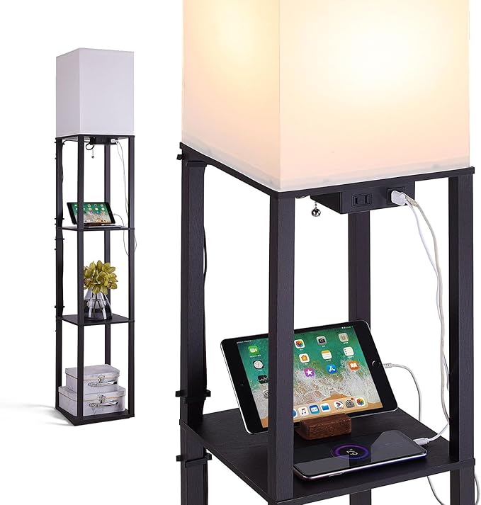 Floor Lamp with Shelves, Shelf Floor Lamps for Living Room with 2 USB Charging Ports and Power Outlet, 3CCT Modern Corner Square Display Standing Lamp 4-Tier Tall Bookshelf Lamp for Bedroom - LeafyLoom