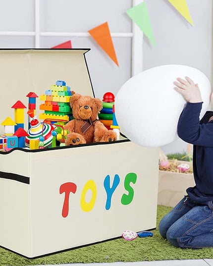 Toy Box Chest, Collapsible Sturdy Storage Bins with Lids, Extra Large Kids Toy Storage Organizer Boxes Bins Baskets for Kids, Boys, Girls, Nursery Room, Playroom, Closet (New Beige) - LeafyLoom