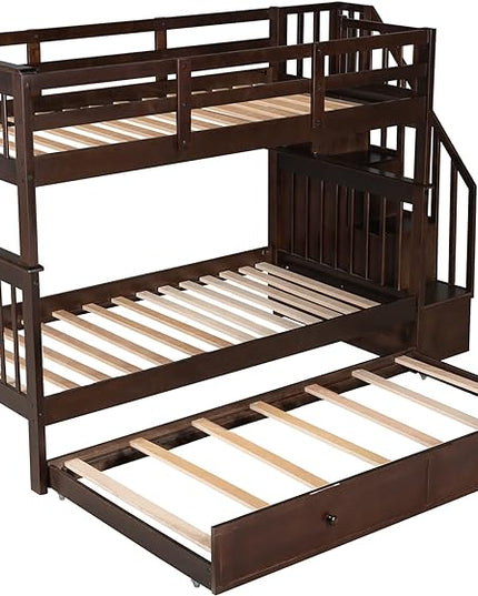 Bunk Bed with Stairs Storage, Twin Over Twin Size, Wooden Stairway Bunkbeds w/Trundle, for Kids Teens Bedroom, Detachable into Two Bedframe, Espresso - LeafyLoom