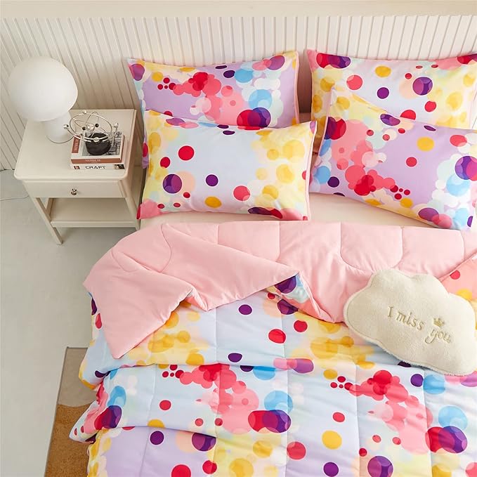 Rainbow Ombre Comforter Set Twin Size for Girls, Colorful Bubbles Polka Dots Comforter for Kids Teen, 2 Piece Orange Pink Purple Blue Gradient Pastel Bedding Set with 1 Pillow Case(Rainbow,Twin) - LeafyLoom
