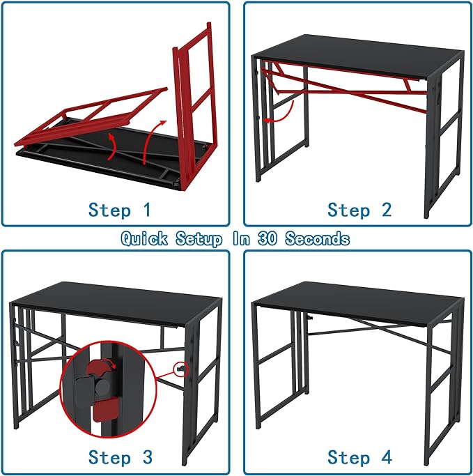 31 Inch Folding Small Computer Desk, Foldable Space-Saving Home Office Table, Simple Study Writing Gaming Workstation for Small Space, No Assembly Needed, Black - LeafyLoom