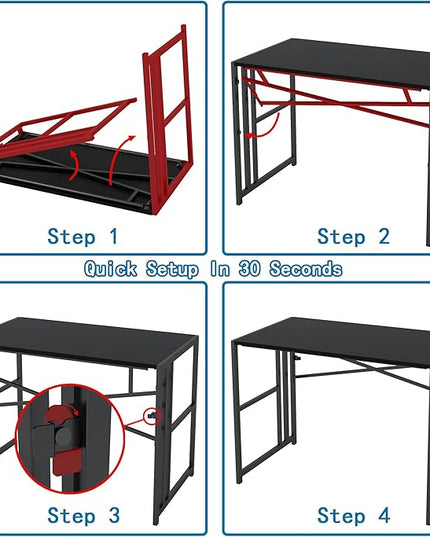 Folding Small Computer Desk, Foldable Space-Saving Home Office Table, Simple Study Writing Gaming Workstation for Small Space, No Assembly Needed, Black - LeafyLoom