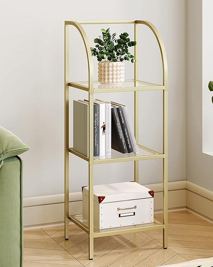 Bookcase Bookshelf, Tempered Glass Arched Bookshelf for More Storage, Slim Shelving Unit for Bedroom, Bathroom, Home Office, Steel Frame, 3 Tier Gold BC20399G - LeafyLoom