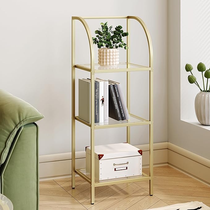 Bookcase Bookshelf, Tempered Glass Arched Bookshelf for More Storage, Slim Shelving Unit for Bedroom, Bathroom, Home Office, Steel Frame, 3 Tier Gold BC20399G - LeafyLoom