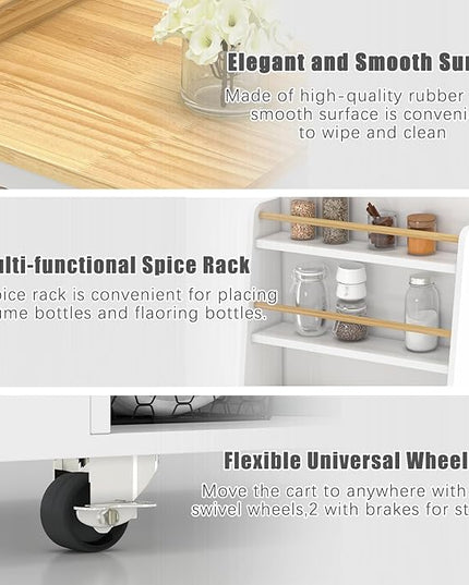 NSdirect Kitchen Island with Storage,Rolling Kitchen Island on Wheels Portable cart Rolling with Spice Racks Towel Holder Utility Trolley with Wood Tray for Home Hotel Kitchen Dinning Room,White - LeafyLoom