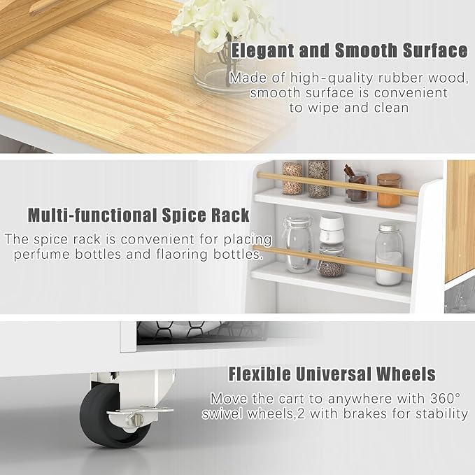 NSdirect Kitchen Island with Storage,Rolling Kitchen Island on Wheels Portable cart Rolling with Spice Racks Towel Holder Utility Trolley with Wood Tray for Home Hotel Kitchen Dinning Room,White - LeafyLoom