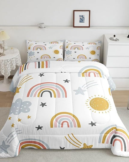 Rainbow Comforter Set for Girls, Sun and Stars Bedding Set King for Kids Boys Children Cartoon Cloud Bedding Comforters Girly Soft Microfiber Duvet Insert for Bedroom Decor, Rainbow Gifts For Kids - LeafyLoom
