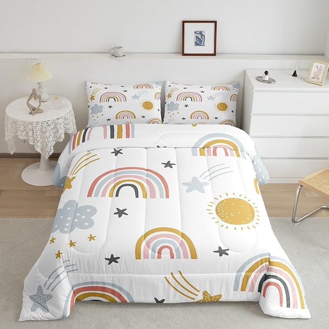 Rainbow Comforter Set for Girls, Sun and Stars Bedding Set King for Kids Boys Children Cartoon Cloud Bedding Comforters Girly Soft Microfiber Duvet Insert for Bedroom Decor, Rainbow Gifts For Kids - LeafyLoom