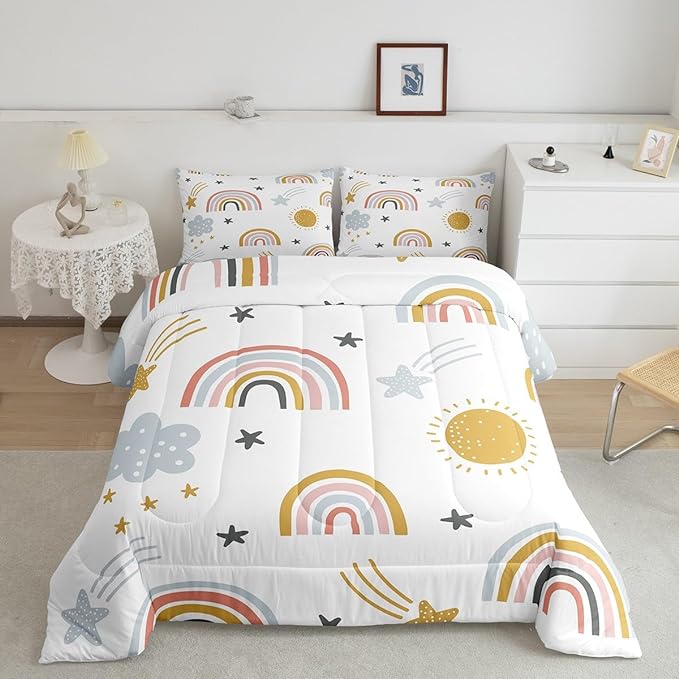 Erosebridal Girls Rainbow Bedding Set, Sun and Stars Comforter Set Queen Size for Kids Boys Children Cartoon Style Cloud Bedding Comforters Girly Soft Microfiber Duvet Insert for Bedroom Decor - LeafyLoom