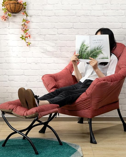 AcozyHom Fabric Lazy Chair with Foldable Ottoman, Accent Comfy Lounge Arm Chair and Folding Footrest Stool Set, Leisure Sofa Reading Chair and Footstool for Living Room, Bedroom, Dorm, Brick Red - LeafyLoom