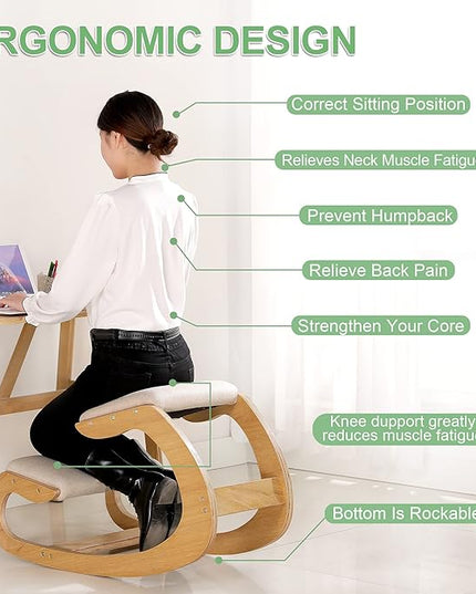 Predawn Ergonomic Kneeling Chair,Rocking Knee Chair Upright Posture Chair for Home Office Meditation Wooden & Linen Cushion-Office Chair for Back Neck Pain Relief & Improving Posture (White Oak) - LeafyLoom