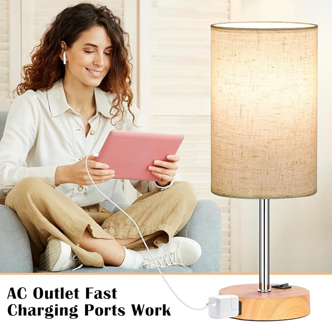 ZJOJO Table Lamp Bedside Lamps for Bedroom, Bedside Lamps Set of 2 with 3 Way Dimmable Using Rocker Switch Nightstand Lamp Night Lamp with AC Outlets for Living Room/Reading Room - LeafyLoom