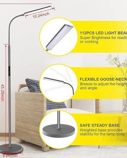Dimunt LED Floor Lamp, 15W Bright Floor Lamps for Living Room with 1H Timer, Dimmable 3000K-6000K Colors & Brightness Standing Lamp with Remote Push Button, Reading Floor Lamps for Home Office- Grey - LeafyLoom