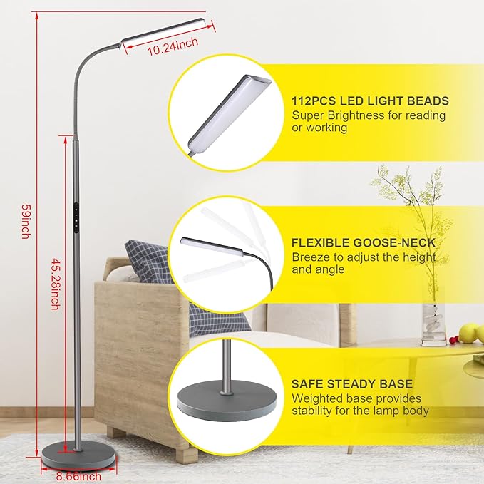 Dimunt LED Floor Lamp, 15W Bright Floor Lamps for Living Room with 1H Timer, Dimmable 3000K-6000K Colors & Brightness Standing Lamp with Remote Push Button, Reading Floor Lamps for Home Office- Grey - LeafyLoom