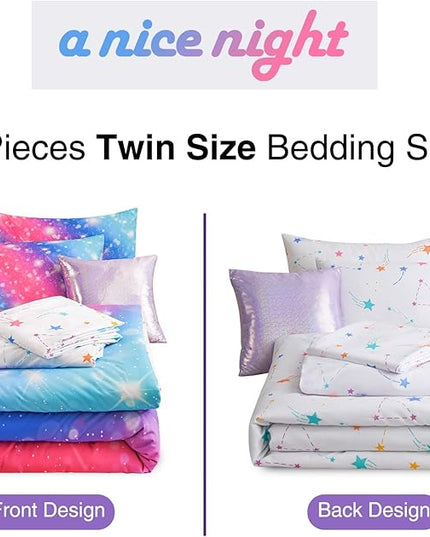 A Nice Night 6Pcs Gradient Glitter Bedding Set for Girls, Colorful Rainbow Galaxy Comforter Set, Ultra Soft Bedding Sets (Pink-Blue,Twin 6Pcs) - LeafyLoom