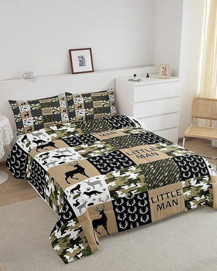 Kids Deer Antlers Animal Silhouettes Comforter Set King Size,Camo Geometric Lattices Bedding Set 3pcs for Adults Cabin Decor,Nordic Boho Arrows Quilt Set,Rustic Retro Green Duvet Insert,2 Pillowcases - LeafyLoom