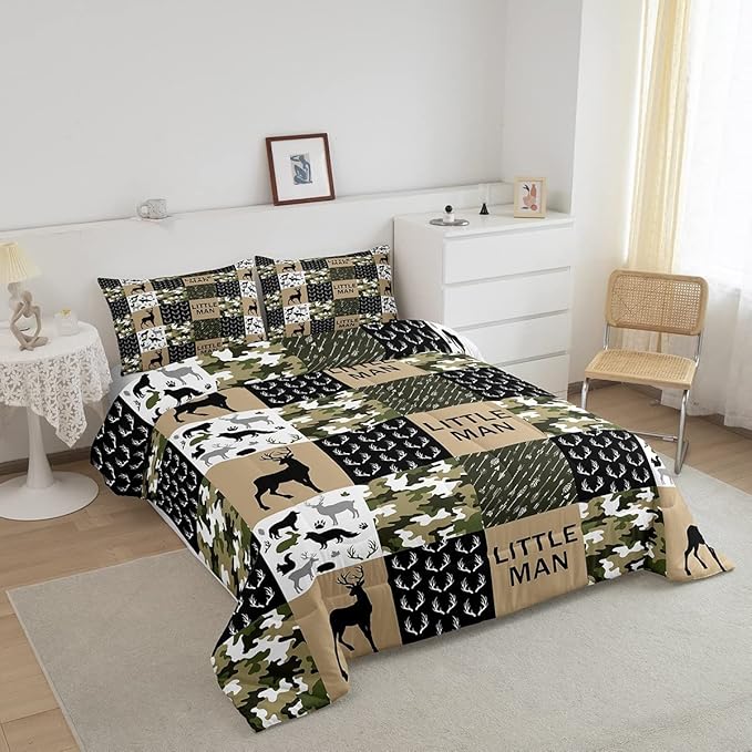 Kids Deer Antlers Animal Silhouettes Comforter Set King Size,Camo Geometric Lattices Bedding Set 3pcs for Adults Cabin Decor,Nordic Boho Arrows Quilt Set,Rustic Retro Green Duvet Insert,2 Pillowcases - LeafyLoom