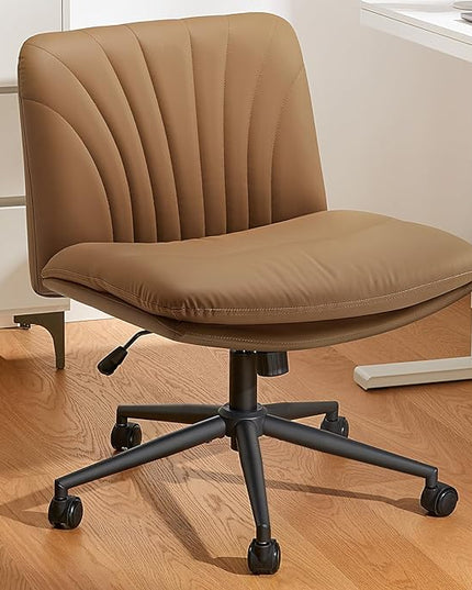 Marsail Armless-Office Desk Chair with Wheels: PU Leather Cross Legged Wide Chair,Comfortable Adjustable Swivel Computer Task Chairs for Home,Office,Make Up,Small Space,Bed Room, Brown - LeafyLoom