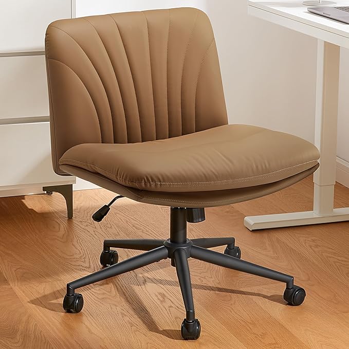 Marsail Armless-Office Desk Chair with Wheels: PU Leather Cross Legged Wide Chair,Comfortable Adjustable Swivel Computer Task Chairs for Home,Office,Make Up,Small Space,Bed Room, Brown - LeafyLoom