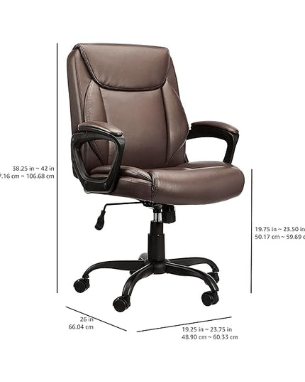 Amazon Basics Classic Puresoft PU Padded Mid-Back Office Computer Desk Chair with Armrest - Brown, 25.75"D x 24.25"W x 42.25"H - LeafyLoom