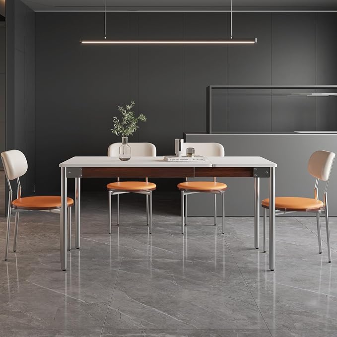Modern Expandable Dining Table，Rectangular Kitchen Wooden Table with Stainless Steel Legs for Dinner Small Spaces， Space-Saving Foldable Table - LeafyLoom