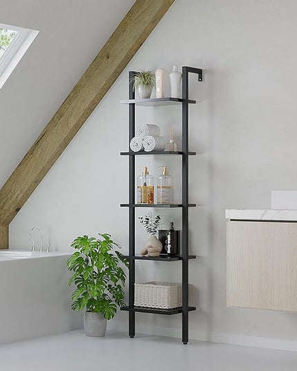YMYNY 5 Tiers Narrow Ladder Bookcase, Industrial Wall Mounted Bookshelf, Open Display Rack with Metal Frame, Wooden Storage Shelves for Bedroom, Home Office, Living Room, Black, 70*17.3*11.8"UHBC015B - LeafyLoom