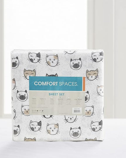 Comfort Spaces Cotton Flannel Breathable Warm Deep Pocket Sheets with Pillow Case Bedding, Twin XL, Grey/Pink Cats 3 Piece - LeafyLoom