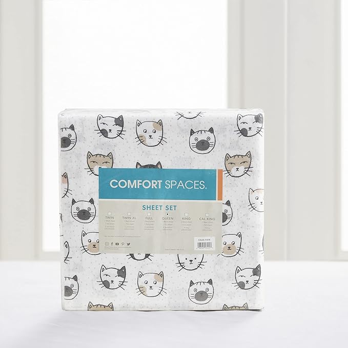 Comfort Spaces Cotton Flannel Breathable Warm, Deep Pocket Sheets with Pillow Case Bedding, Queen, Grey/Pink Cats 4 Piece - LeafyLoom