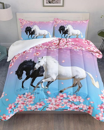 Kid Horse Comforter Set Room Floral Animal Theme Handsome Horse Chic Cherry Blossom Bedding Set 3D Wild Animal Decor Quilt Set for Girls Adult, 1 Comforter + 2 Pillowcases - LeafyLoom