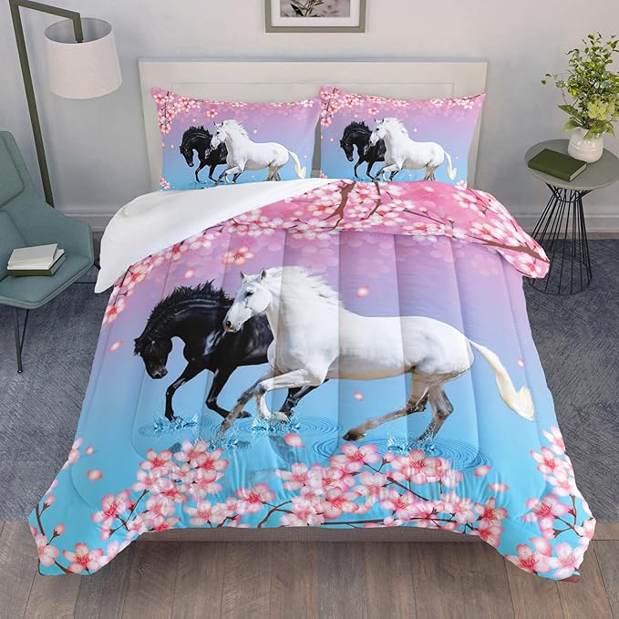 Kid Horse Comforter Set Room Floral Animal Theme Handsome Horse Chic Cherry Blossom Bedding Set 3D Wild Animal Decor Quilt Set for Girls Adult, 1 Comforter + 2 Pillowcases - LeafyLoom