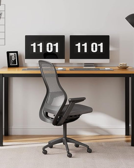 Need 55 Inch Large Computer Desk - Modern Simple Style Home Office Gaming Desk, Basic Writing Table for Study Student, Black Metal Frame, Teak - LeafyLoom
